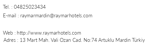 Raymar Hotels Mardin telefon numaralar, faks, e-mail, posta adresi ve iletiim bilgileri